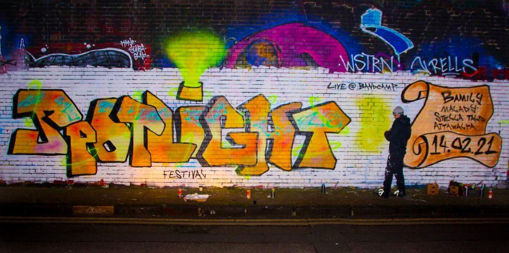 Advertisement for apotligh festival painted in shoreditch 